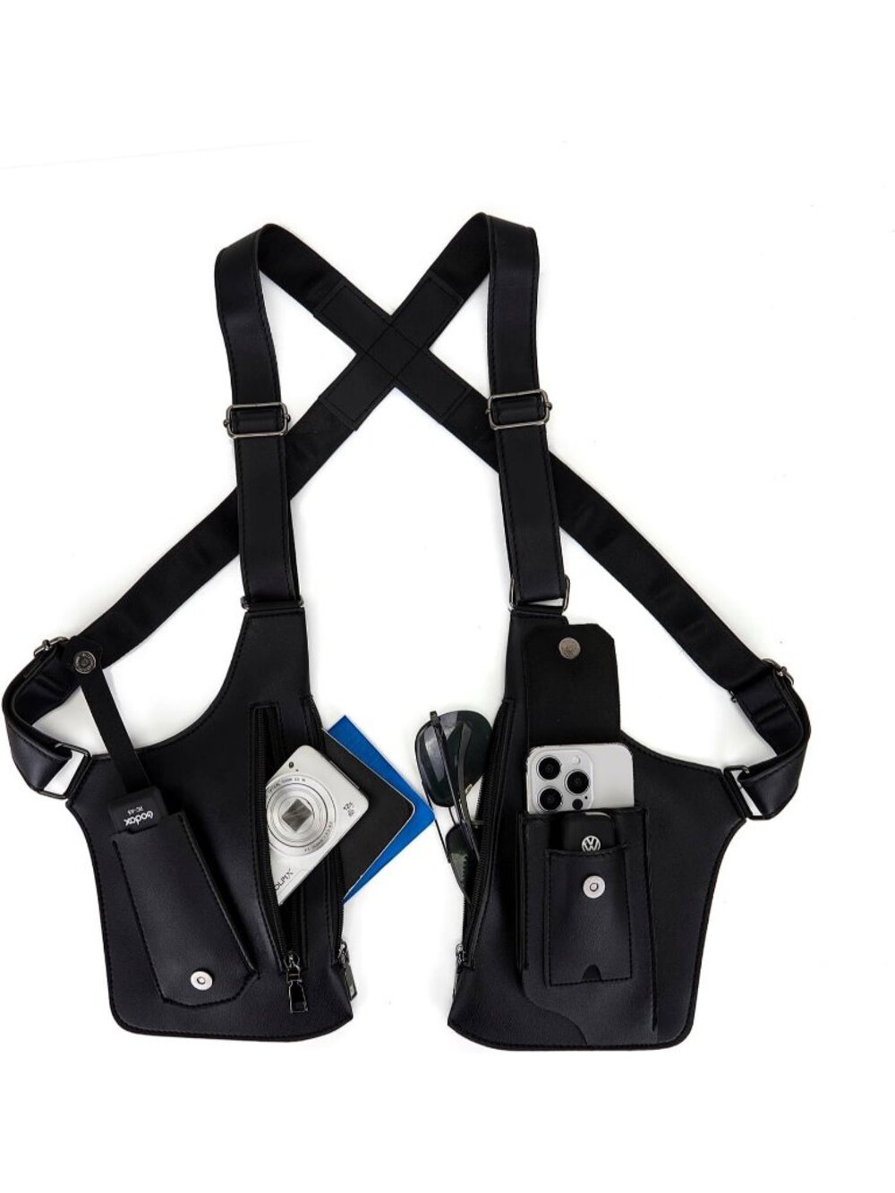 Mens Black Chest Rig Underarm Anti Theft Adjustable Pocket Double Shoulder Strap